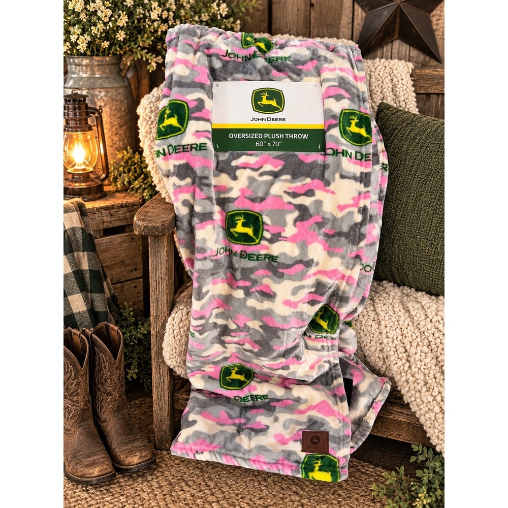 John Deere Oversized Plush Throw Blanket Pink Gray Camo Fleece 60x70 New
